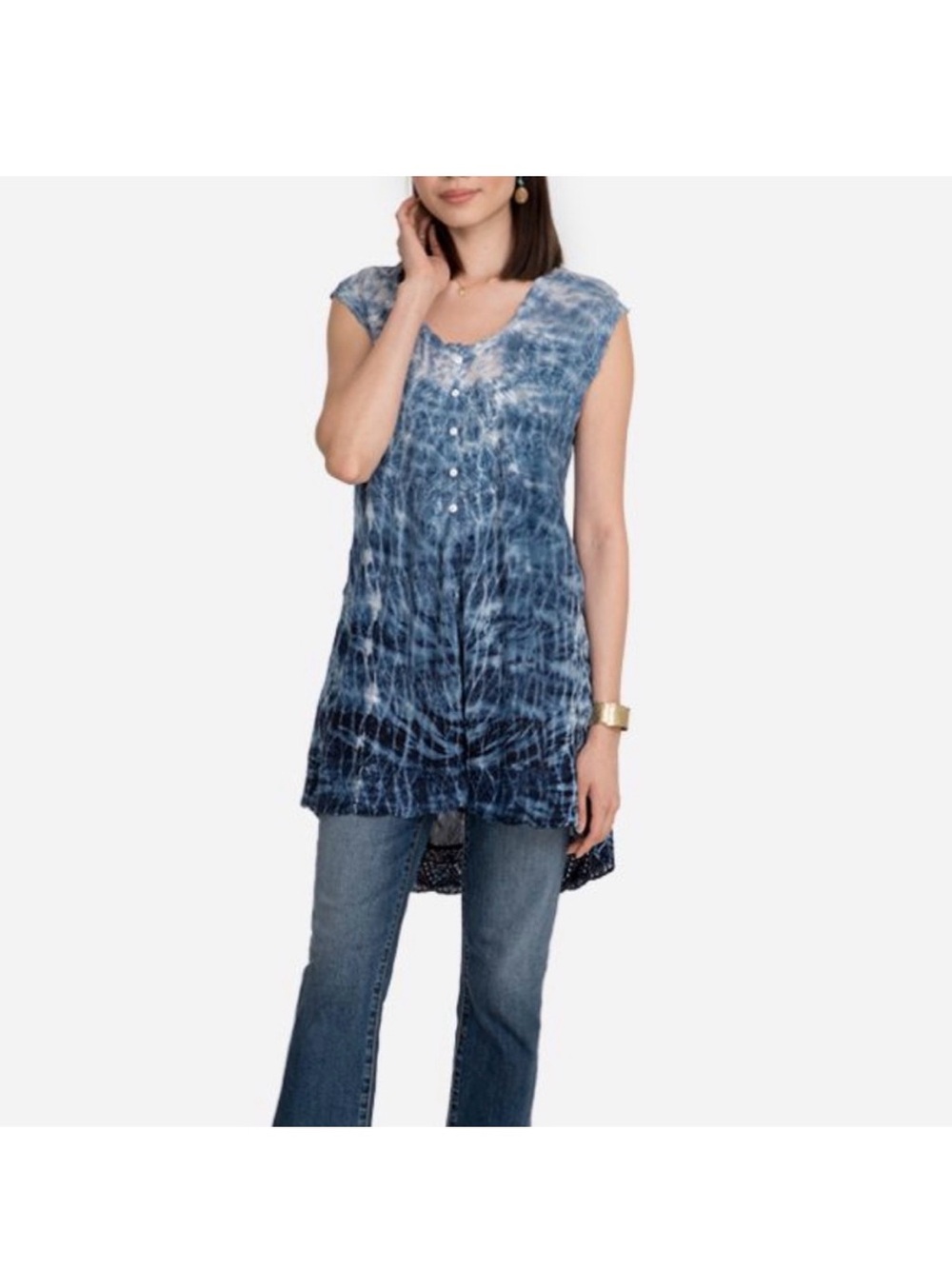Johnny Was Blue Tie Dye Embroidered Ladera Hi Lo Tunic Dress Small